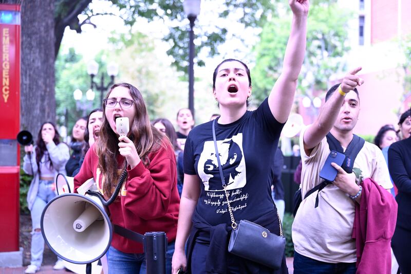 A photo of protesters with signs and a megaphone.
