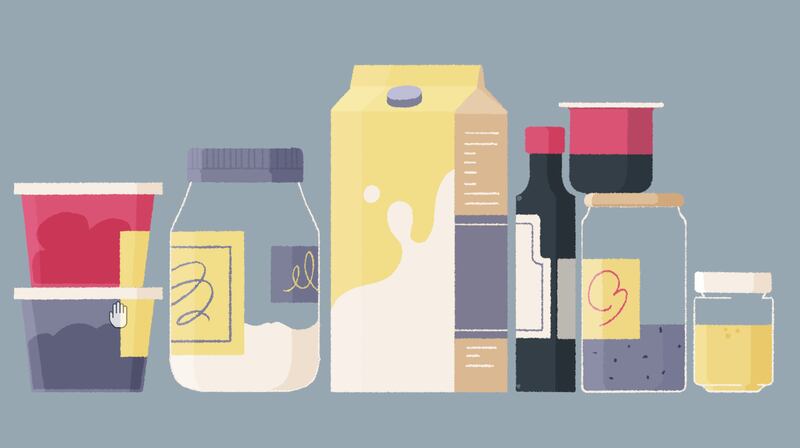 Photo of a cartoon mayo, milk, soy sauce, and other food containers put together to solve a puzzle.
