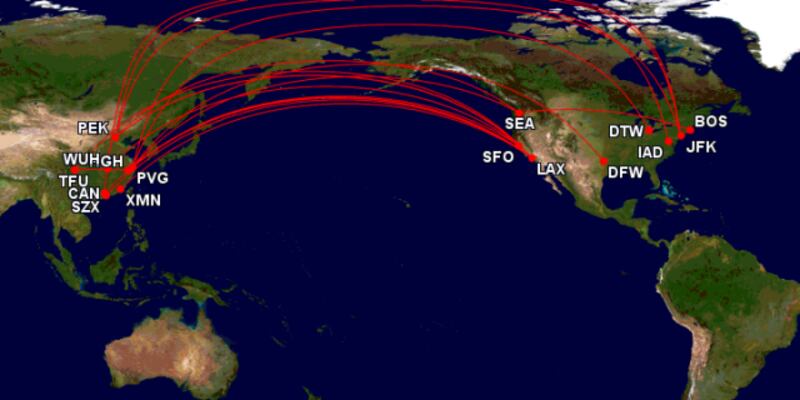 Photo of air routes between the US and mainland China in January 2024