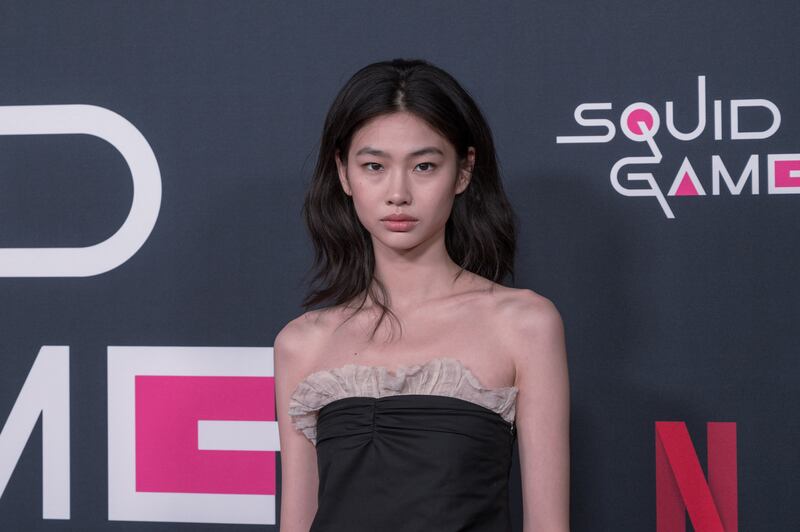 Jung Ho-yeon who plays Kang Sae-byeok in "Squid Game" at a Red Carpet event hosted by Netflix at NeueHouse Hollywood on 8 Nov 2021.