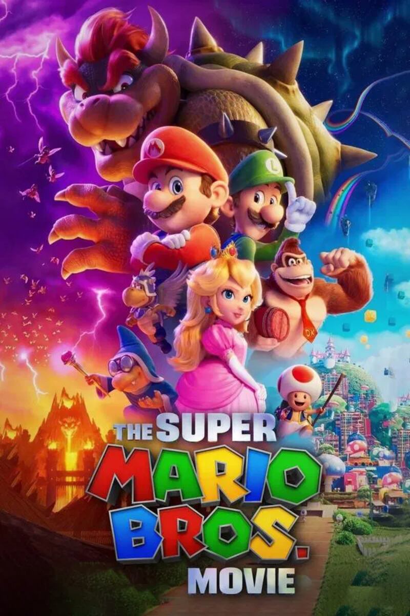 The poster for the animated Super Mario Bros. movie featuring its main characters.