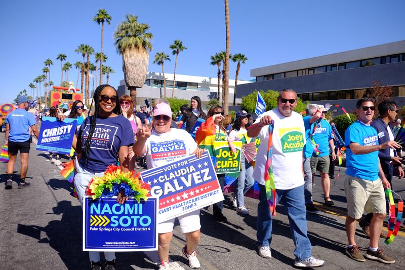 Supporters of Democratic candidates for public offices marched in the Palm Springs Pride Parade on Nov. 3, 2024. (Photo by Parkin So)