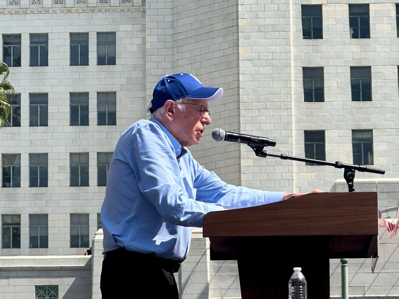 Vermont Sen. Bernie Sanders wore a Los Angeles Dodgers hat during his speech at a “Fighting Oligarchy” rally in L.A.