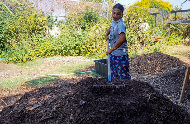 Jonathan Galindez working in his farm in Watts.