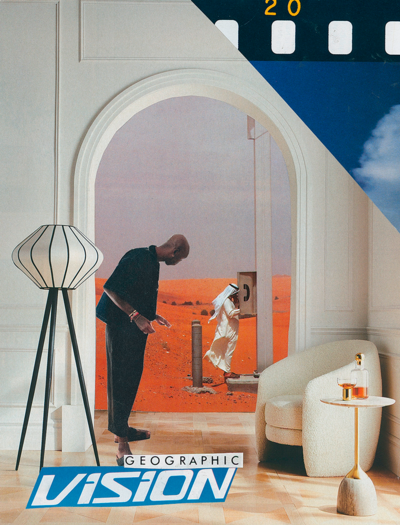 Image of a magazine collage of a Black man, who is standing in a home living room, looking down a hallway that leads to a desert where a Middle Eastern man wearing traditional garment is using a telephone booth.