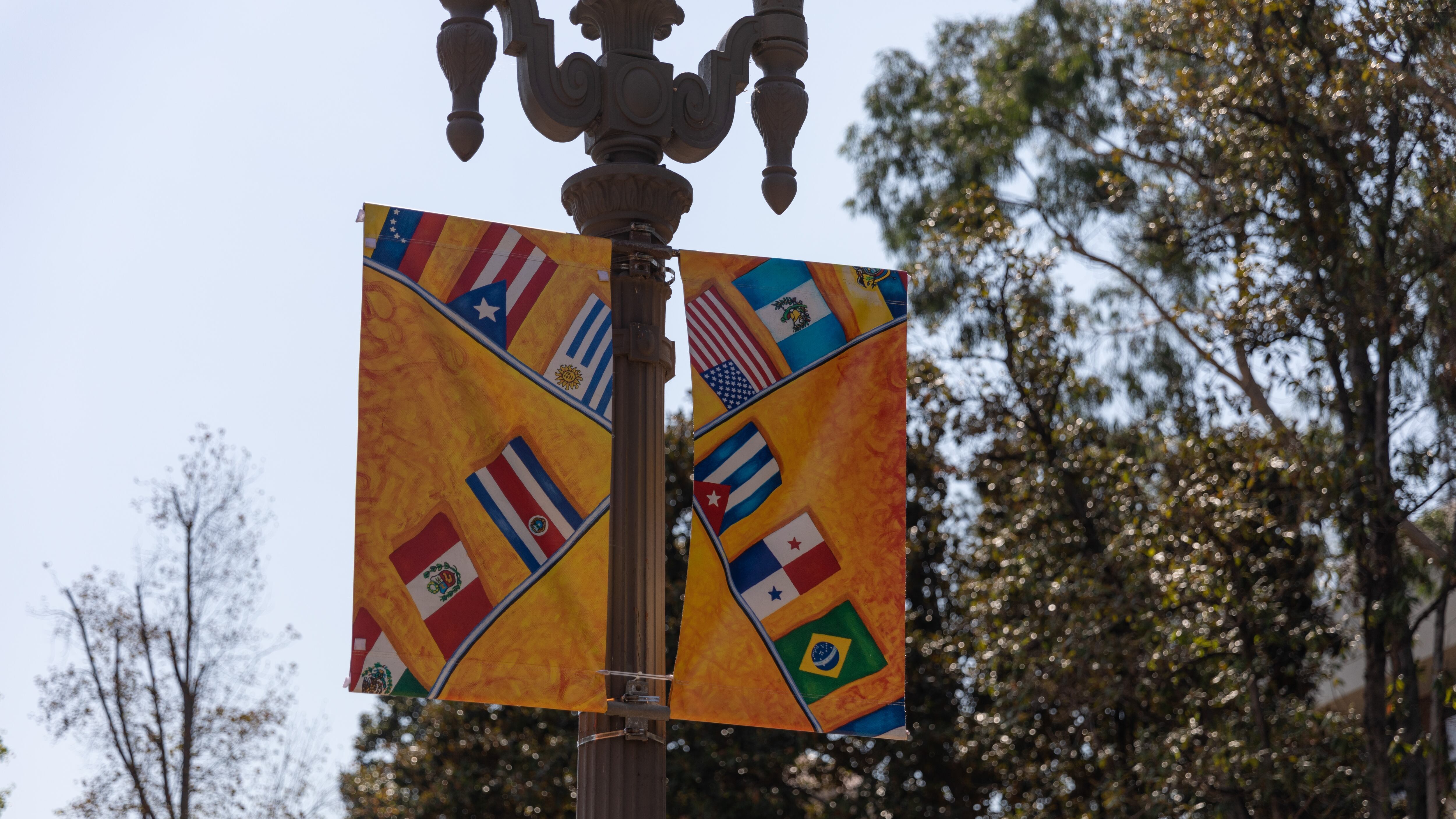 Photo of Latinx History Month banner outside USC with different Latin American flags.