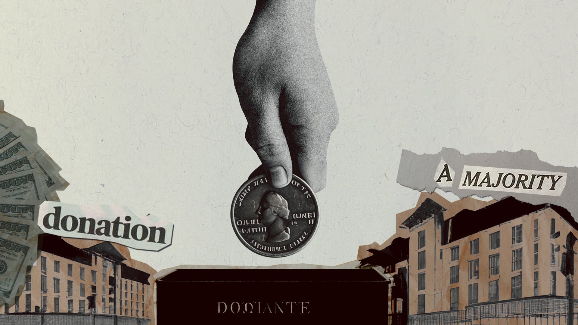 A graphic with a hand holding a coin and the words "a majority" and "donation"