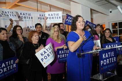 Katie Porter addresses supporters as Garvey secured the second spot in the Senate primary.
