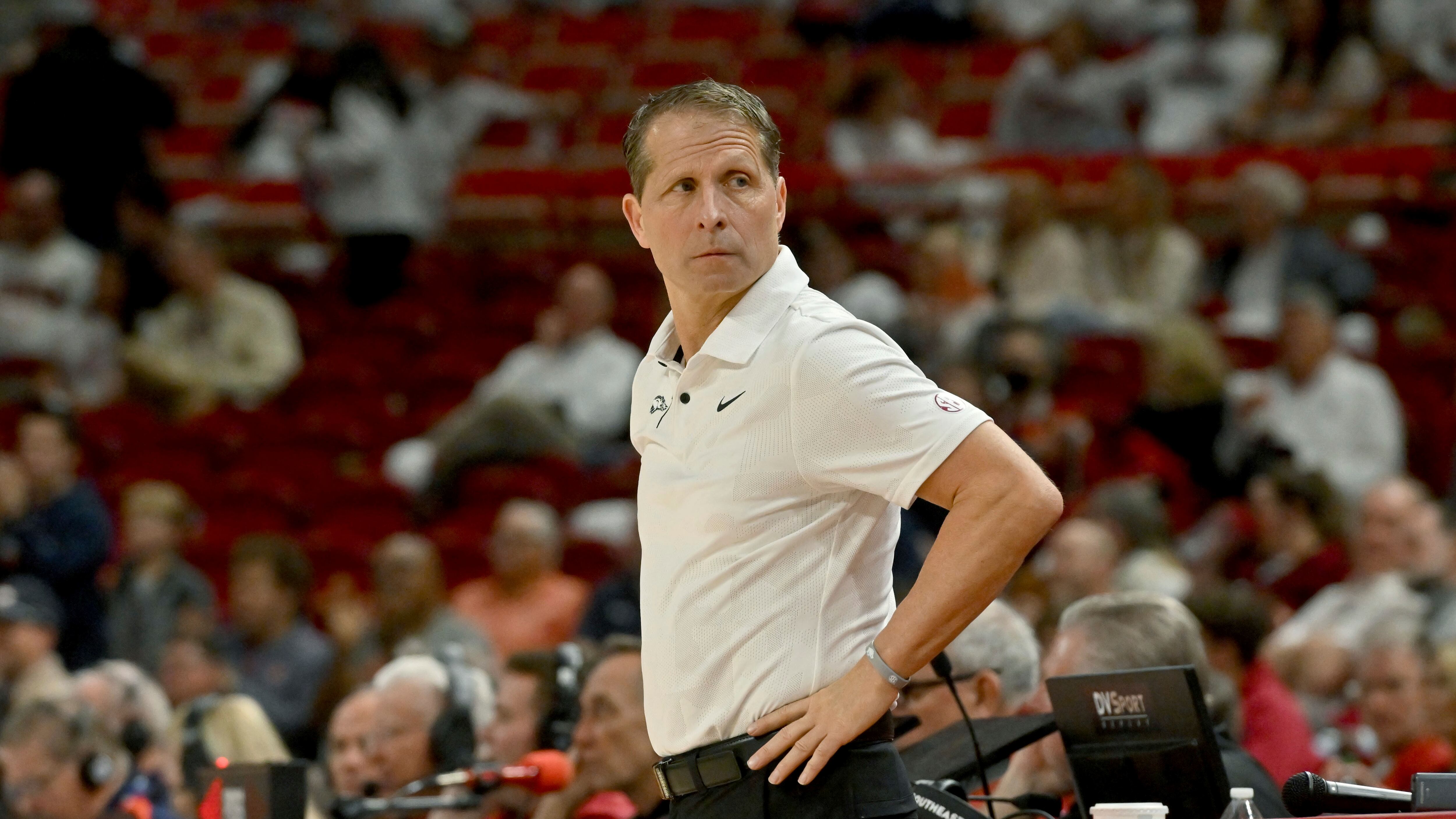 Arkansas coach Eric Musselman on the sidelines against Auburn during an NCAA college basketball game Saturday, Jan. 6, 2024, in Fayetteville, Ark.
