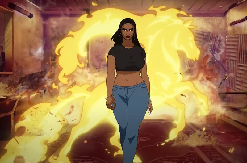 Megan Thee Stallion anime character dressed in black crop top and blue jeans walks forward as a fiery stallion burns behind her.