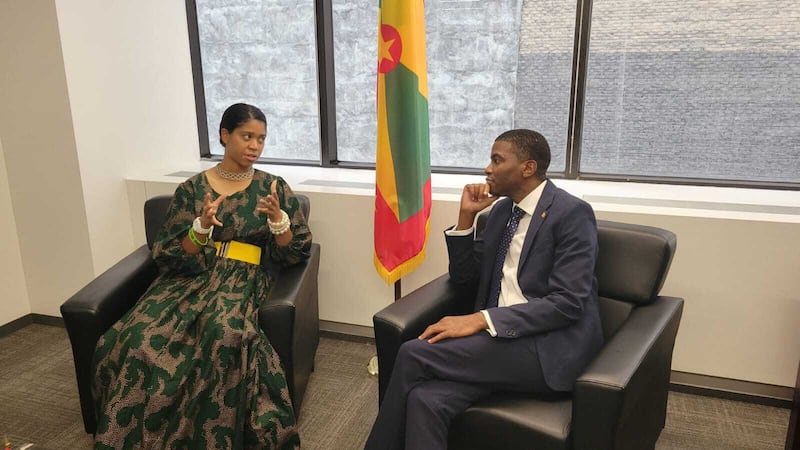 A young woman meets with Prime Minister Dickon Mitchell of Grenada.