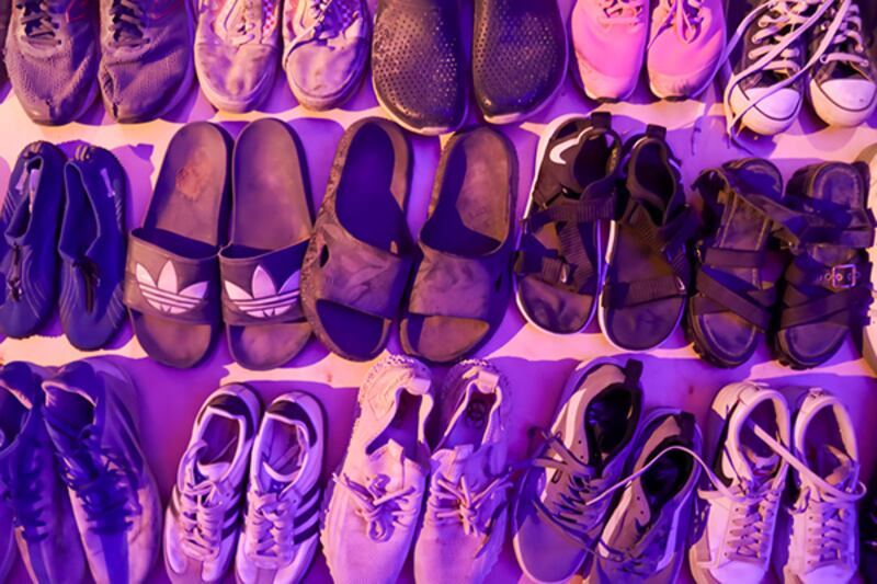 Shoes left behind at the Oct. 7 Hamas attack on Israel on display at the Nova Music Festival Exhibit in Los Angeles.