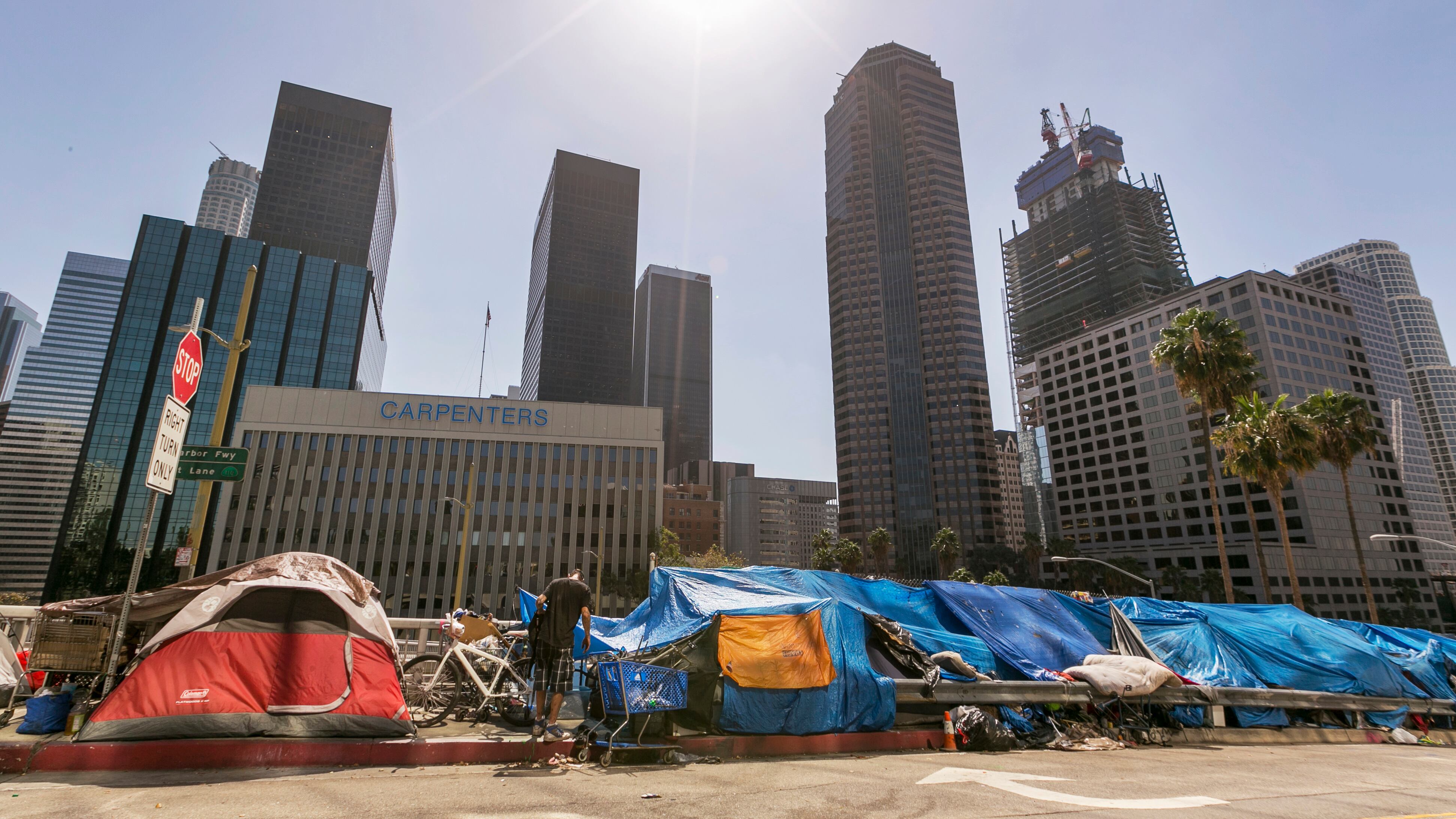 A photo of an unhoused encampment in Downtown Los Angeles.