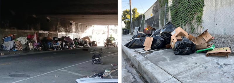 Photo of an unhoused encampment and trash on a sidewalk.