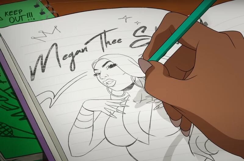 Megan Thee Stallion anime character draws a self portrait in a notebook.