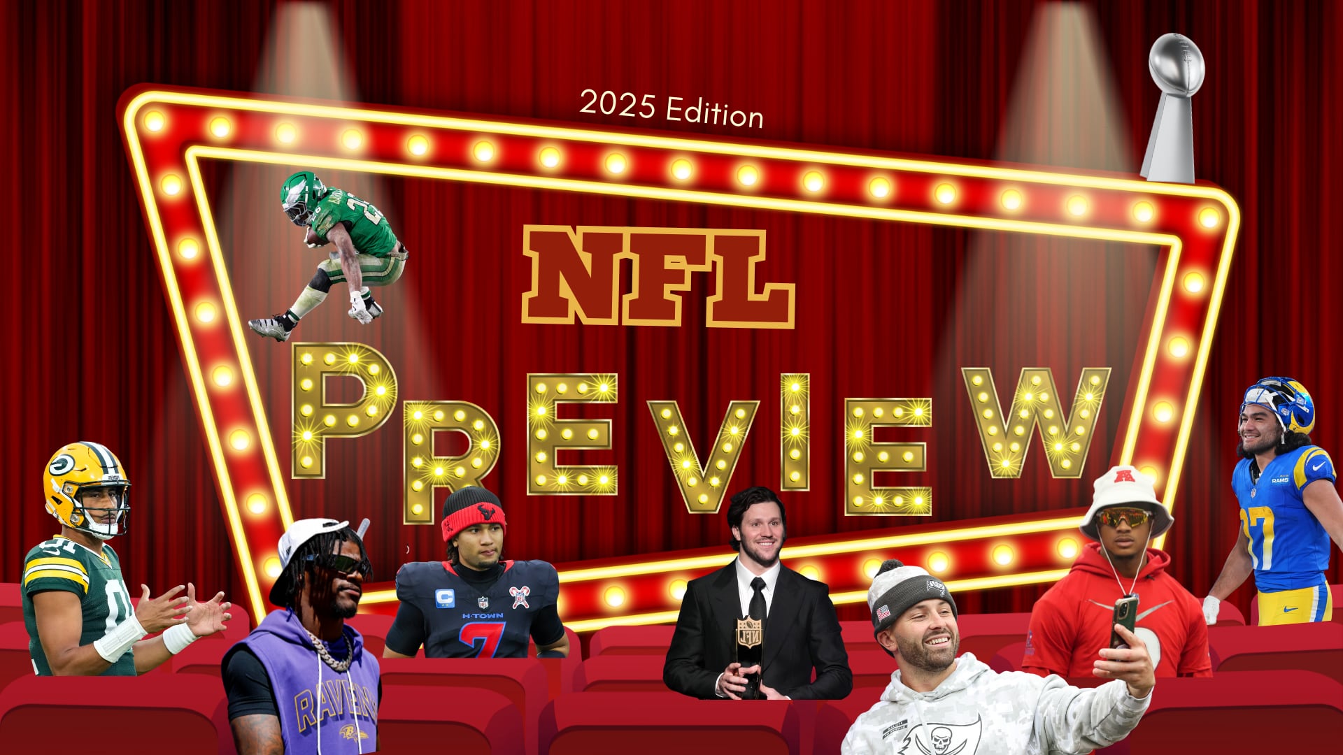 The NFL season is here, and the stars are ready for another blockbuster season. Photo credit from right to left: Packers QB Jordan Love (Kayla Wolf - Imagn Images), Eagles RB Saquon Barkley (Bill Streicher - Image Images), Ravens QB Lamar Jackson (Peter Casey - Imagn Images), Texans Qb CJ Stroud (Thomas Shea - Imagn Images) Bills QB Josh Allen (Kirby Lee - Imagn Images), Buccaneers QB Baker Mayfield (Vincent Carchietta - Image Images), Broncos CB Patrick Surtain (Kirby Lee - Imagn Images) (Rams WR Puka Nucua (Joe Camporeale - Imagn Images),