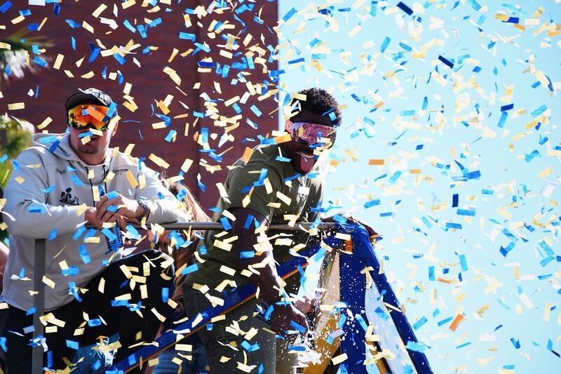 Annenberg Media photographers behind the scenes photographs of the LA Rams victory parade and rally.