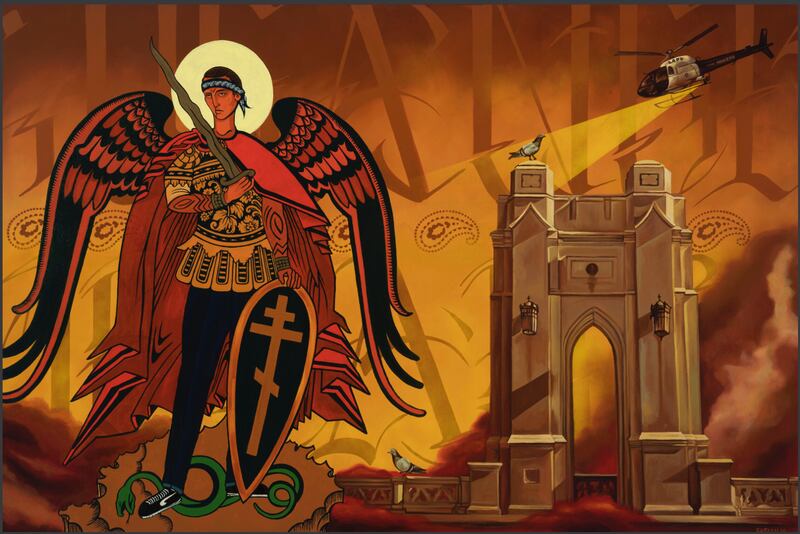 Artwork of an individual holding a sword and stepping on a snake