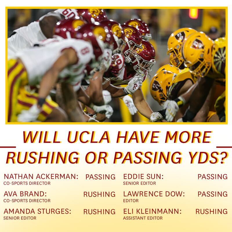 A graphic with predictions of whether UCLA will have more passing or rushing yards in the rivalry football game with a photo of the USC-ASU game