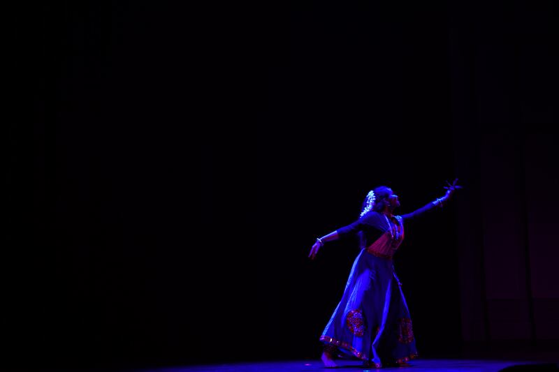 Sinthia Sivapalan on stage for a solo dance performance. (Photo by Dua Anjum)