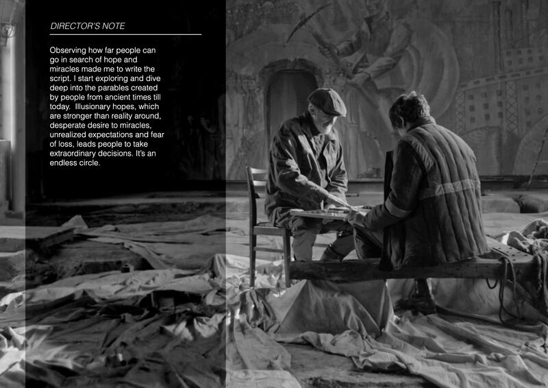 Black and white still of two men sitting from the film "Citizen Saint" with a directors note.
