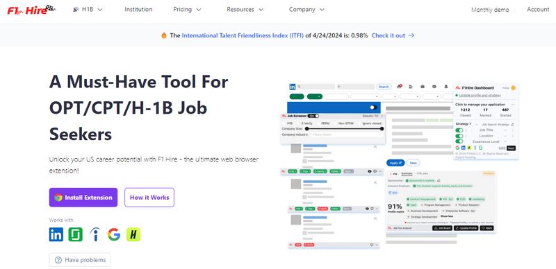 Photo of a website with text saying "A Must-Have Tool for OPT/CPT/H-1B Job Seekers"