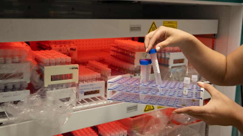 Photo of hands holding samples in tubes outside a lab refrigerator.