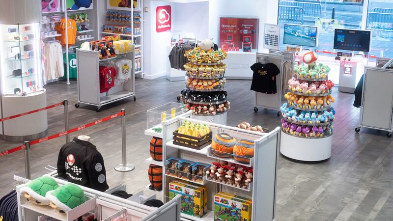A photo of Nintendo New York, and some of the merchandise on display