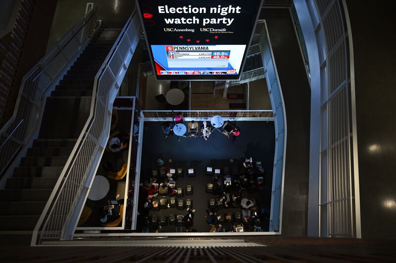 USC students and faculty panelists discuss electoral results as they unfold live at an election night watch party co-hosted by USC Annenberg and USC Dornsife Center for the Political Future. (Photo by Tomoki Chien)