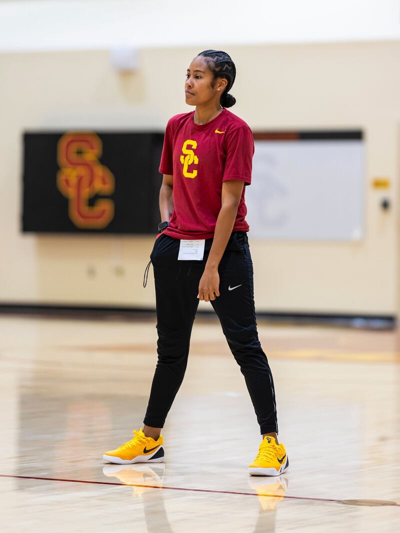 USC assistant coach Courtney Jaco stands at half-court during practice at the Galen Center, Wednesday, Sept. 10, 2025.