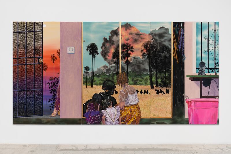 Refuge, 2023. Acrylic, pastel, glitter, and oil on canvas. By Tidawhitney Lek.