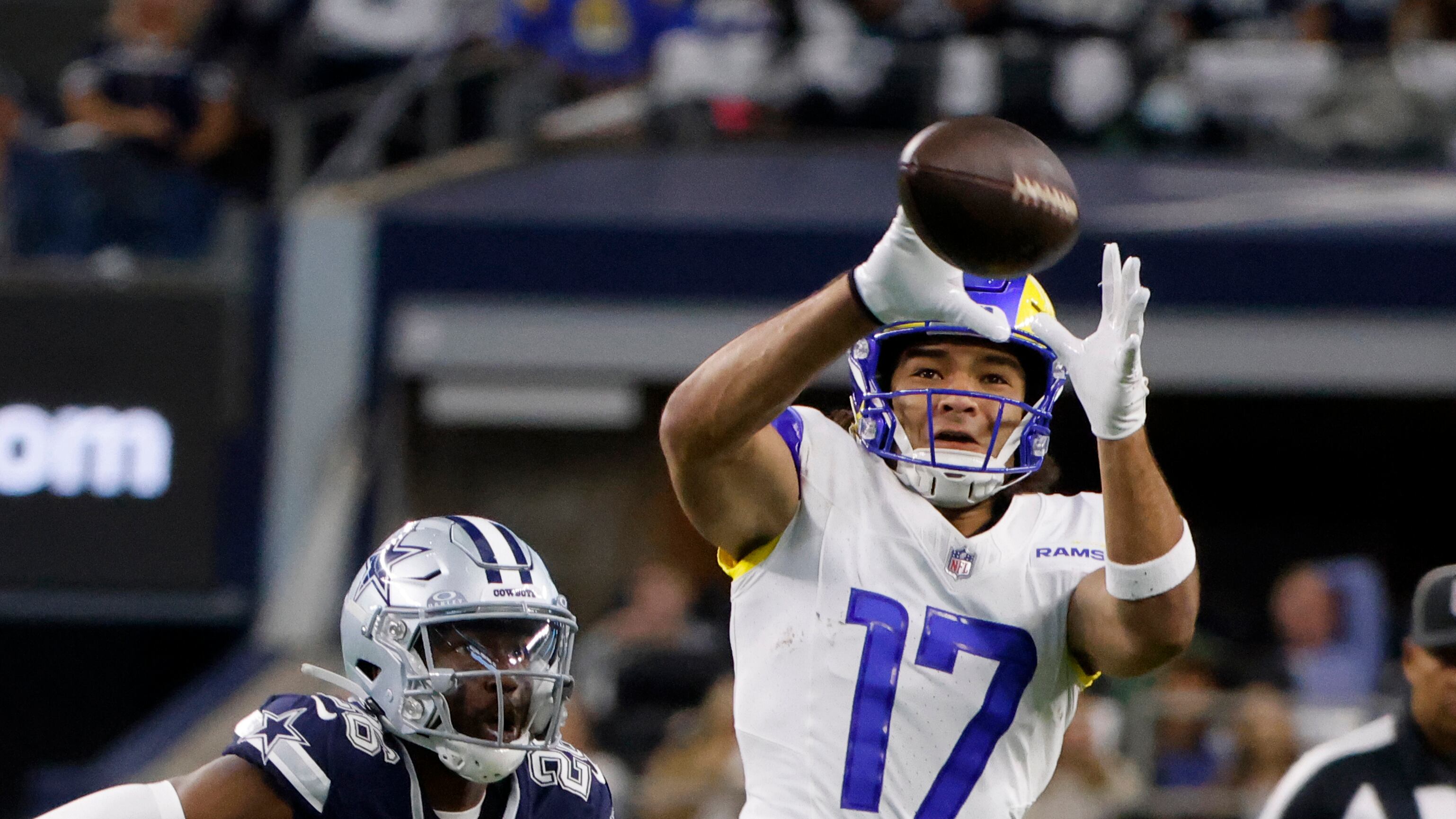 Rookie receiver Puka Nacua hauls in a pass in the Rams' 43-20 loss to the Cowboys.