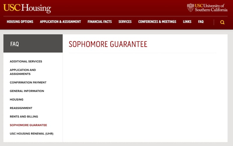 Photo of the USC housing sophomore guarantee page without text. (Photo by Sophie Sullivan)