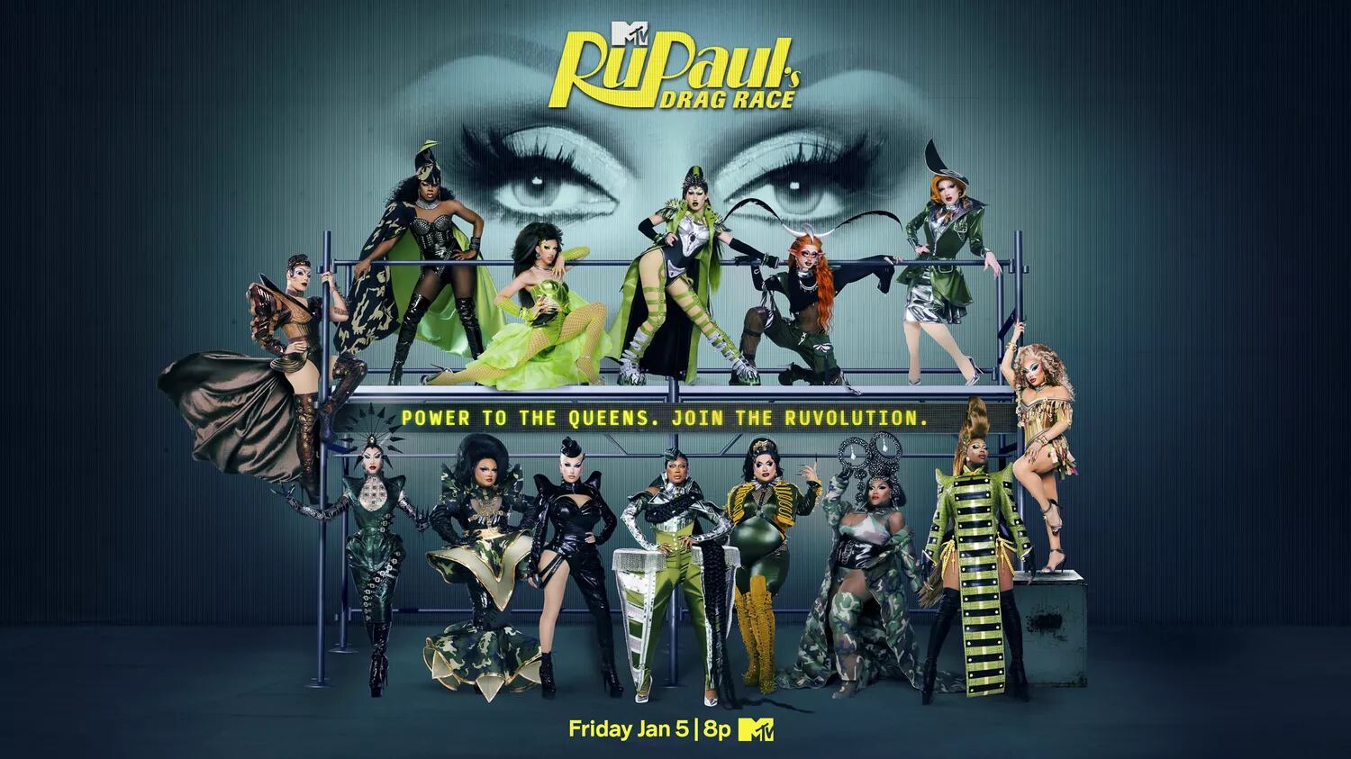 Promo image of thirteen Drag Race season 16 competitors.