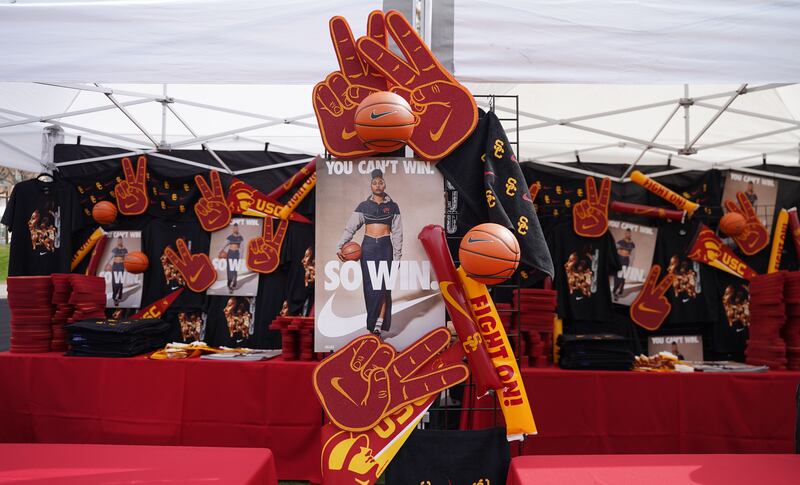 A display of USC x Nike paraphernalia and gameday items at the Nike LA on-campus pop up.