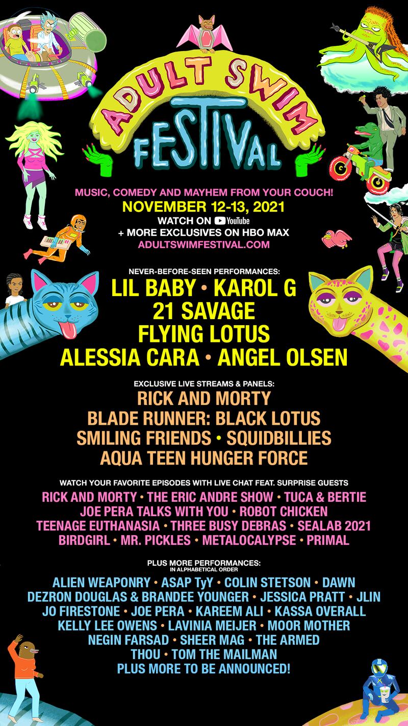 A photo of the full lineup form the 2021 Adult Swim Festival.