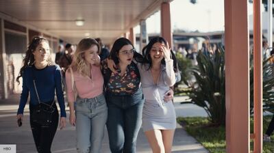 ['Euphoria' stars walk through their high school.]