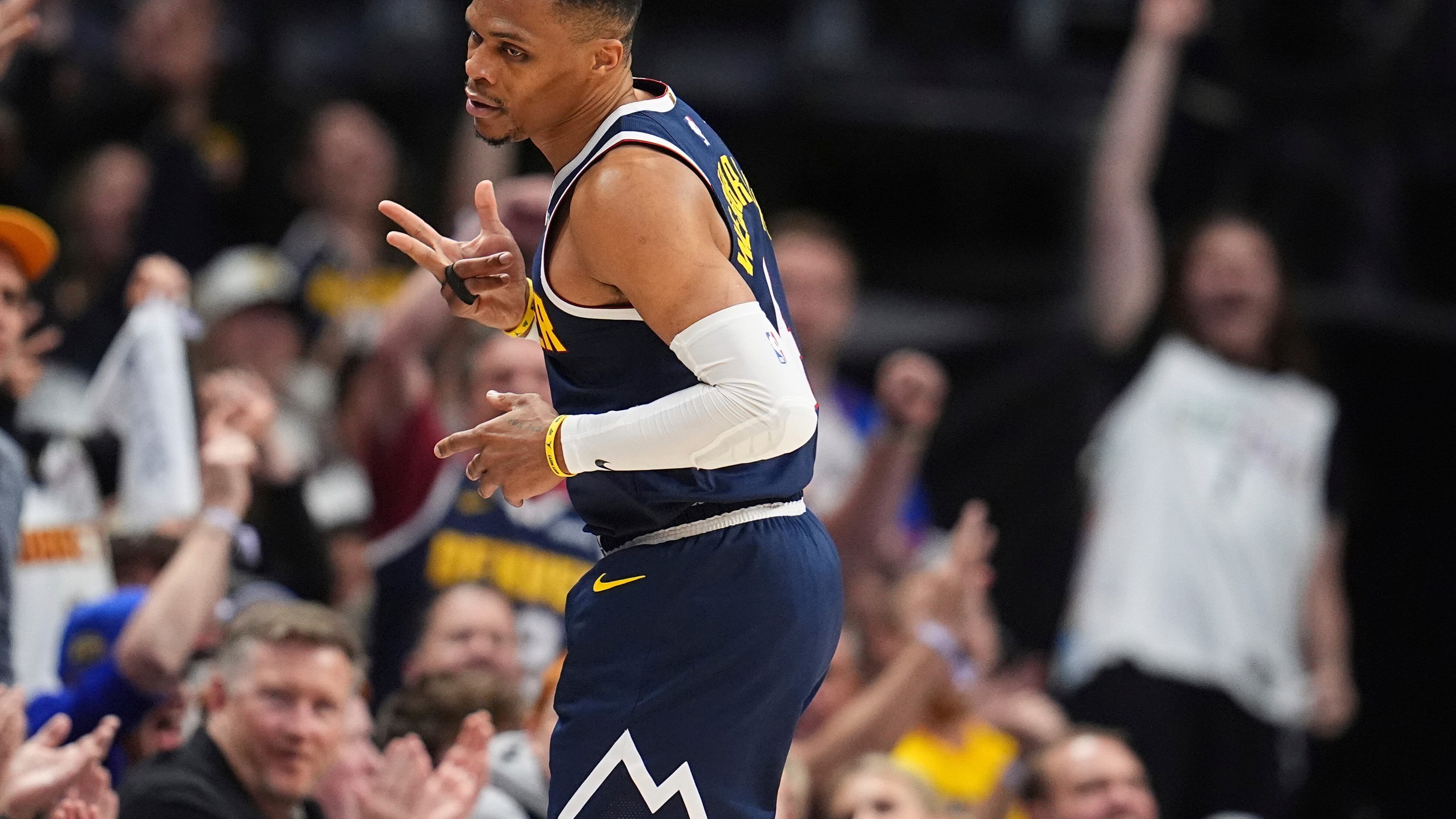 Denver Nuggets guard Russell Westbrook (4) in the second half of Game 2 of a first-round NBA playoff series Monday, April 21, 2025, in Denver.