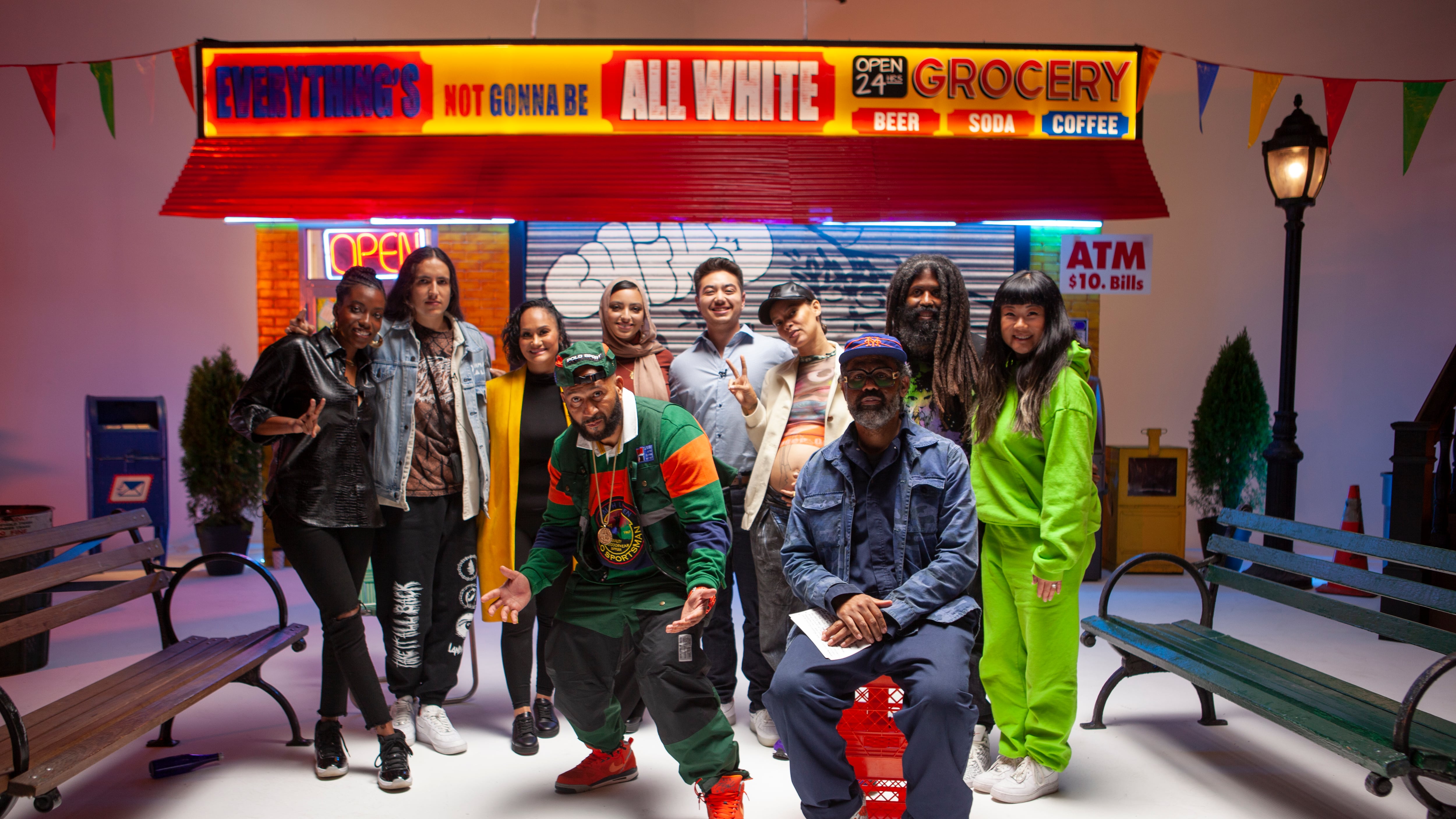 A behind the scenes photo from the set of "Everything's Gonna Be All White."