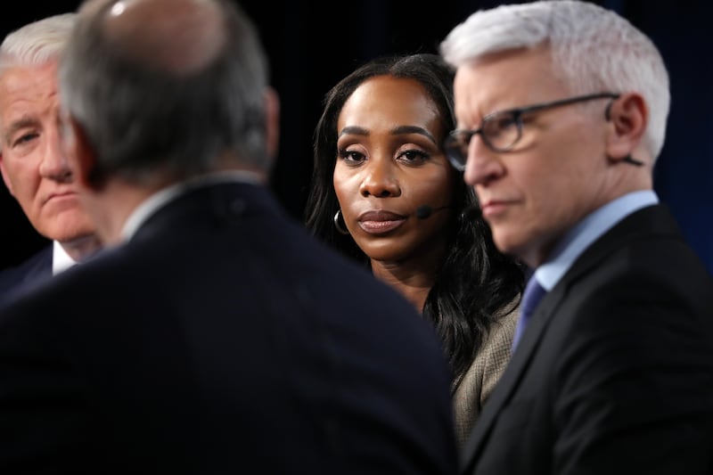 Abby Phillip and Anderson Cooper speaking in the spin room following the CNN Republican Presidential Debate at the Olmsted Center at Drake University in Des Moines, Iowa.