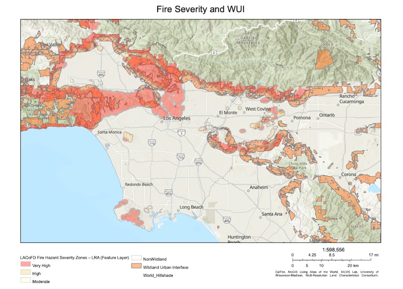 The map displays fire severity and wildland-urban interface. (Map by Tate Harahan)
