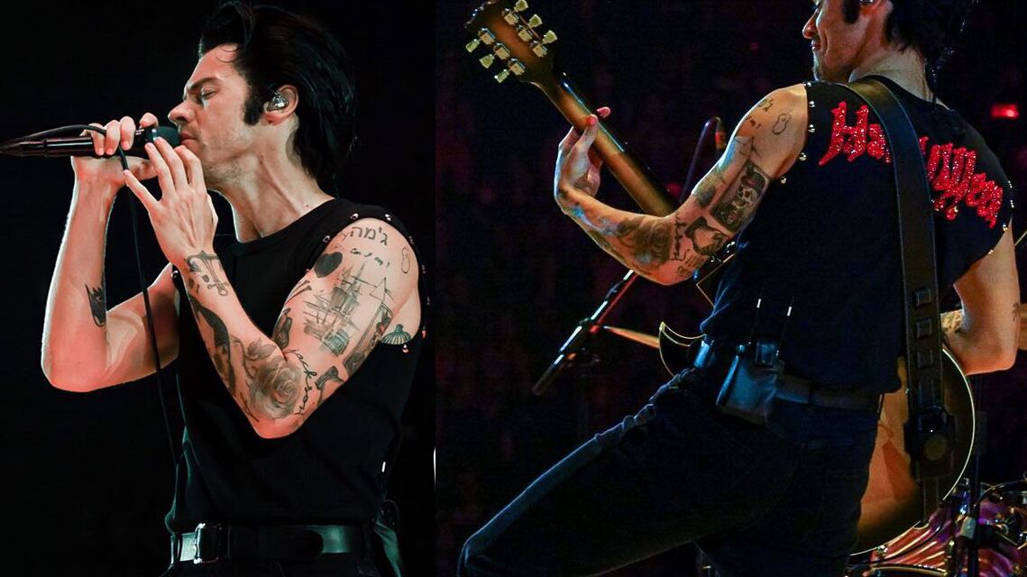 A photo of Styles in a black tank top with "Harryween" embroidered on the back (photo shows Styles from the front and Styles from the back).