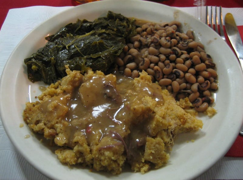 Collard greens, black-eyed peas, and cornbread dressing at the Southern Cafe in Oakland, taken on January 13, 2007.