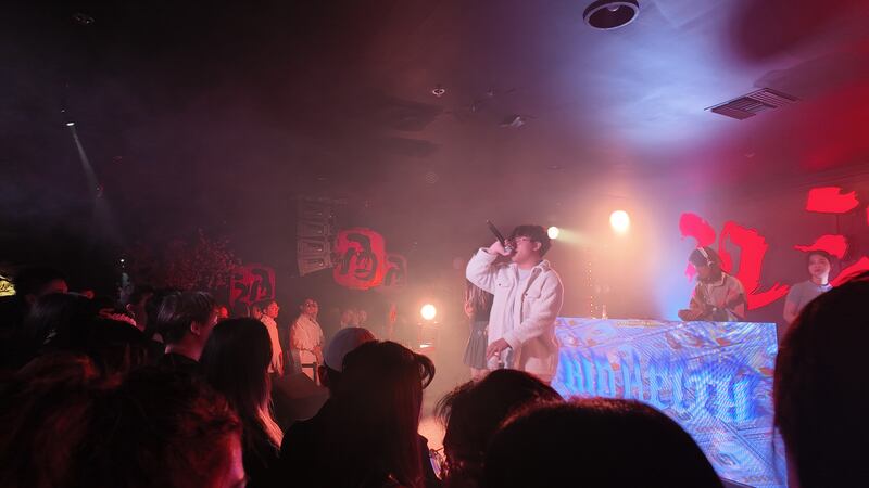 Photo of a man with a microphone performing on stage