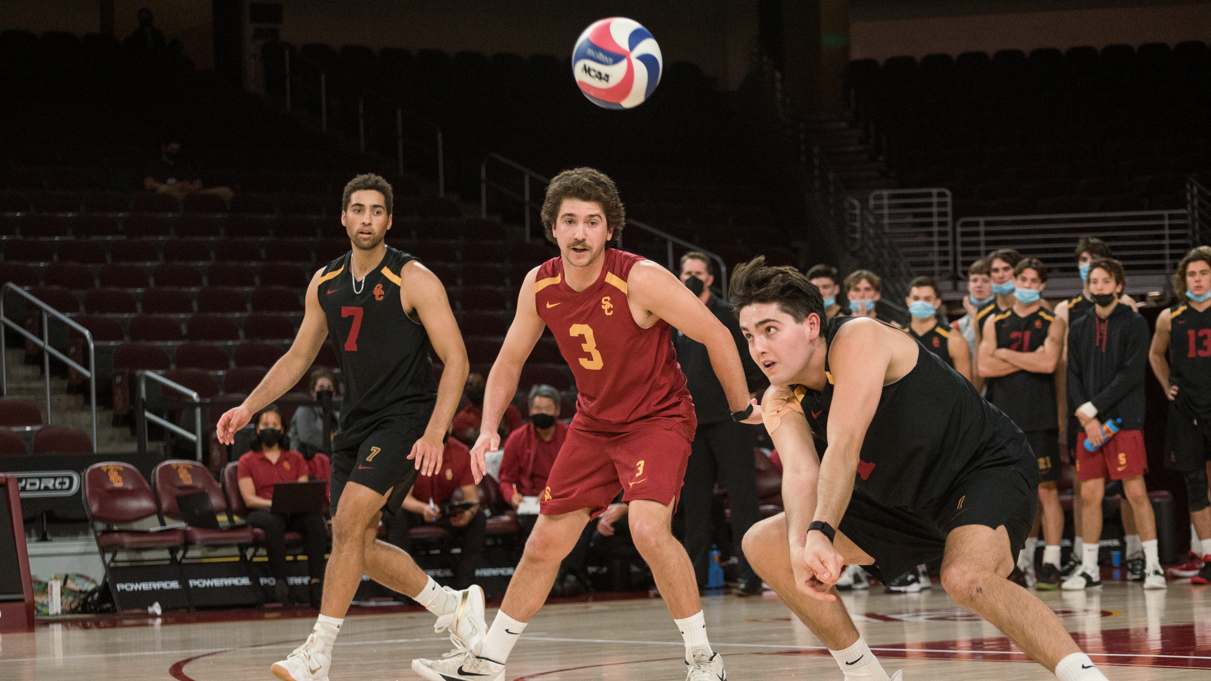 A photo of Brandon Browning hitting the ball during a USC volleyball game