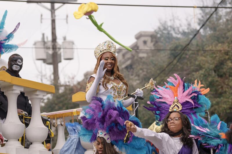 Zulu Queen Sharell Monique Chatman waves to the crowd on Mardi Gras Day, Tuesday, Feb. 17, 2026 in New Orleans.