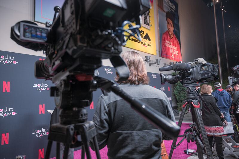 The "Squid Game" Red Carpet flooded by crews of cameras at an event hosted by Netflix at NeueHouse Hollywood on 8 Nov 202