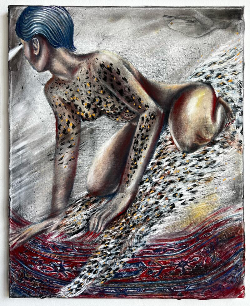 Painting of a woman with leopard-print like patterns over her body