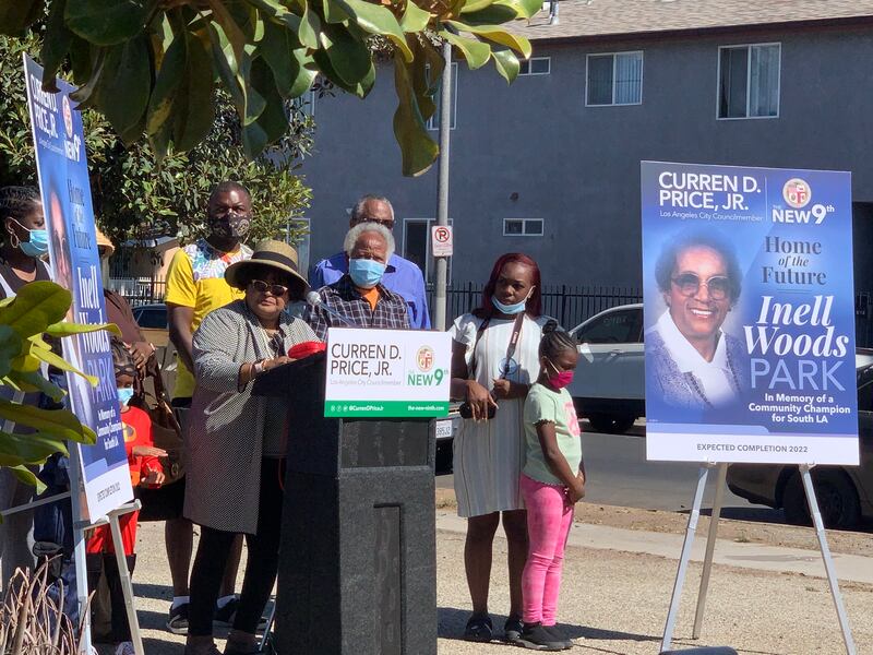 A photo of a councilmember Curren Price giving a speech in front of a podium.