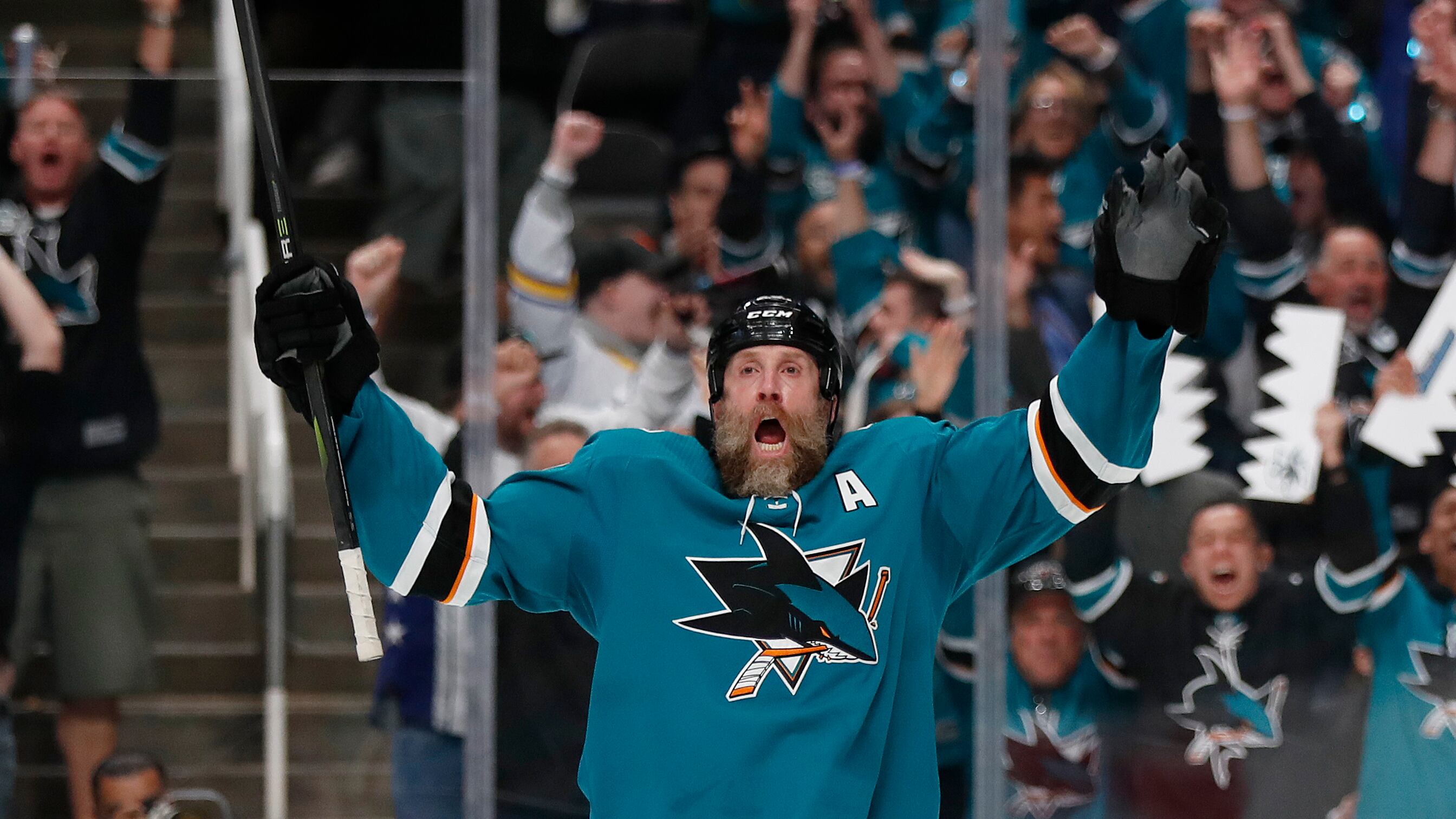 San Jose Sharks' Joe Thornton celebrates his goal against the Vegas Golden Knights during the first period of Game 2 of an NHL hockey first-round playoff series Friday, April 12, 2019, in San Jose, Calif. Thornton has officially announced his retirement from the NHL following a 24-year career as one of the game's top playmakers. The 44-year-old hadn't played since the 2021-22 season with Florida but hadn't made an official declaration about his plans until releasing a video on Saturday, Oct. 28, 2023. through the Sharks.